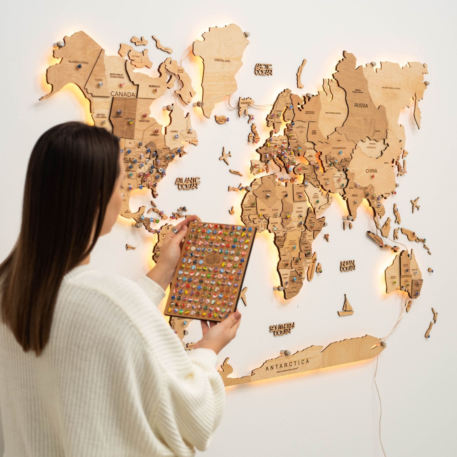 3D LED wooden world map light wood 