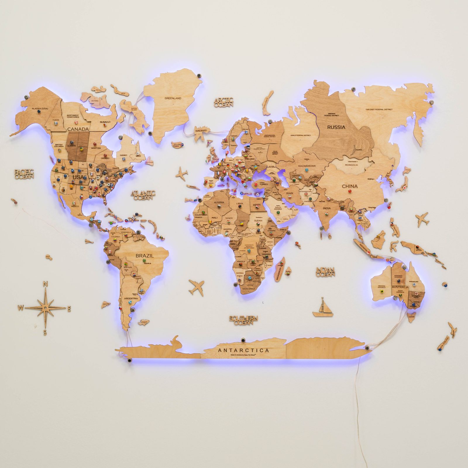 3D LED Wooden World Map Light Wood
