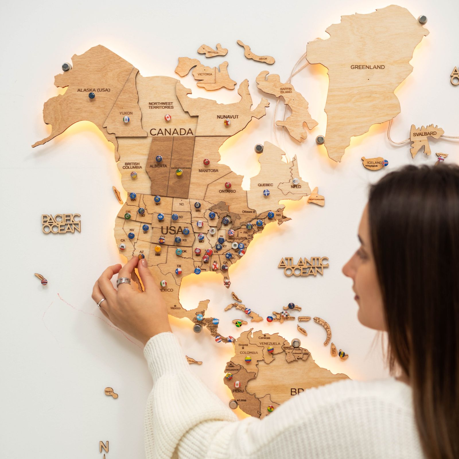 LED wooden world map light wood 