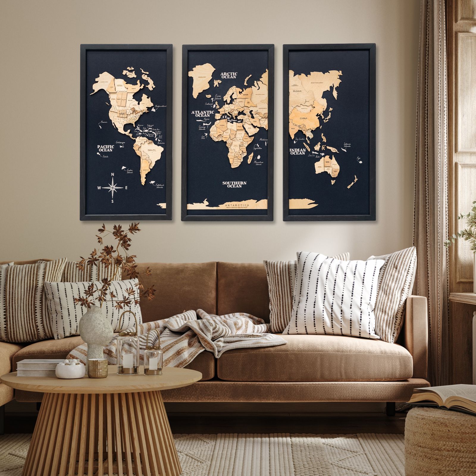 3D Holz Triptychon Weltkarte Gold