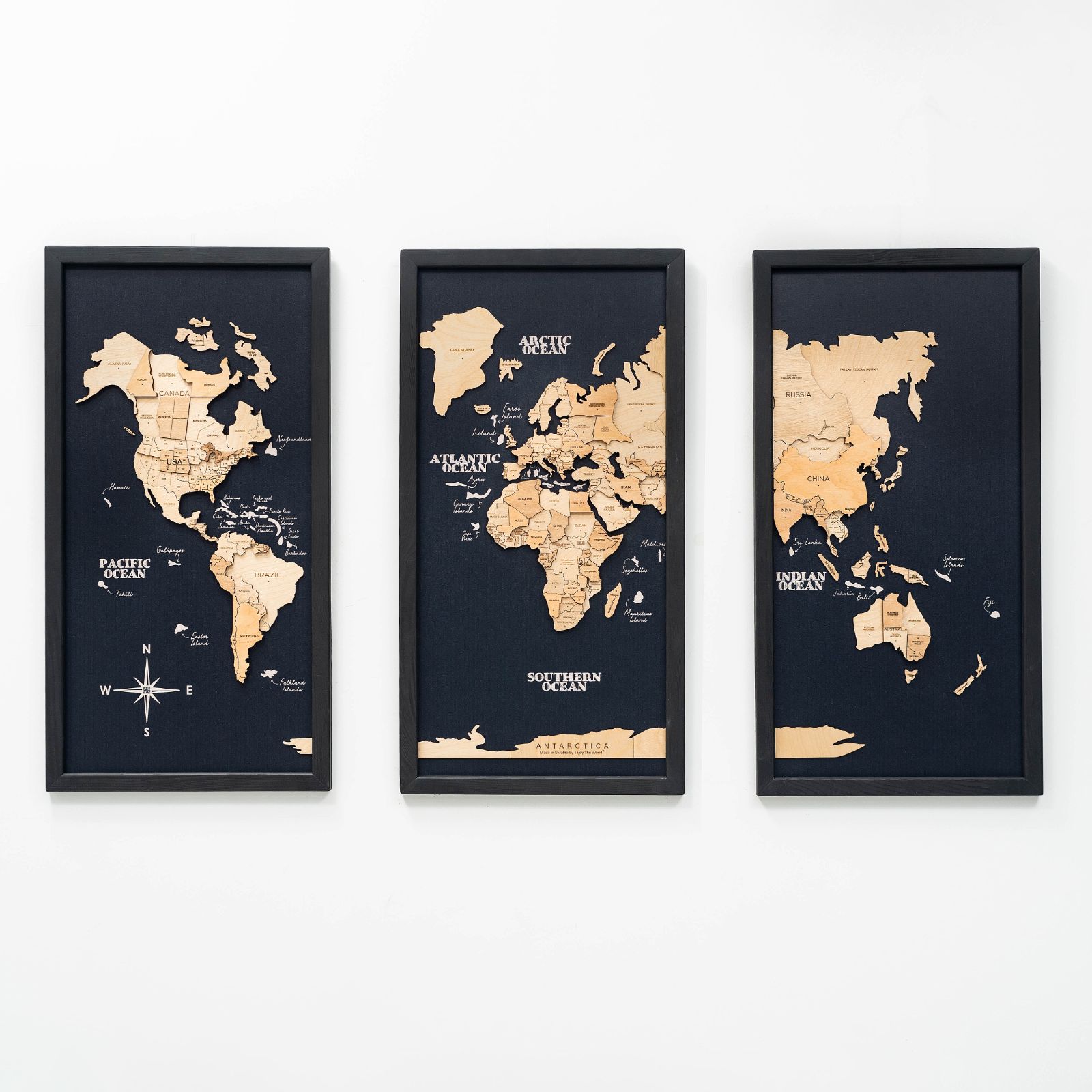 3D Holz Triptychon Weltkarte Gold
